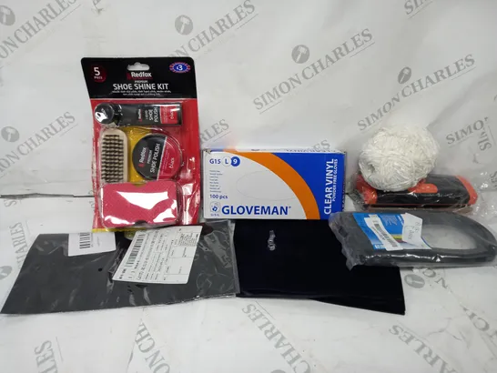 APPROXIMATELY 12 ITEMS TO INCLUDE REDFOX SHEO SHINE KIT, CABLE TIES, 100 POWDER FREE GLOVES, ETC