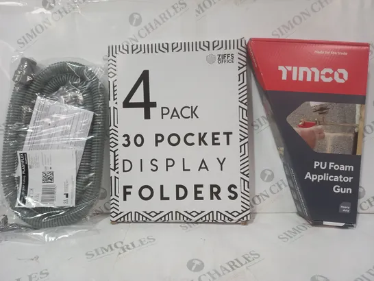 BOX OF APPROXIMATELY 15 ASSORTED HOUSEHOLD ITEMS TO INCLUDE PU FOAM APPLICATOR GUN, 4 PACK 30 POCKET DISPLAY FOLDERS, CLASSIC 19 CPAP TUBING, ETC