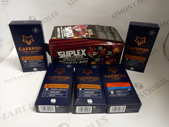 BOX OF APPROX 10 ITEMS TO INCLUDE UNION HAND ROASTED COFFEE, CAFEPODS IN ASSORTED FLAVOURS, SUPLEX MASS GAINER FLAPJACK