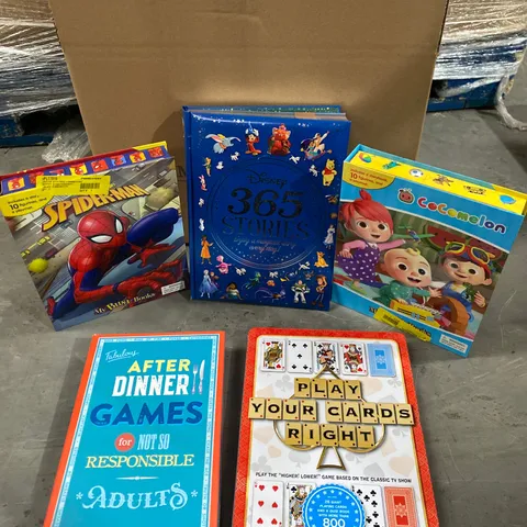 BOX OF ASSORTED ITEMS TO INCLUDE: PLAY YOUR CARDS RIGHT, MY BUSY BOOKS SPIDER-MAN, DISNEY 365 STORIES 