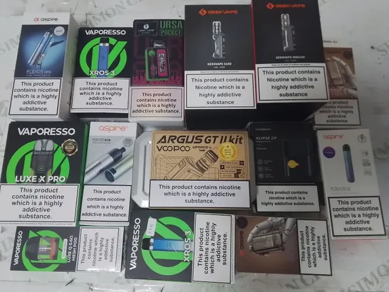 LOT OF ASSORTED E-CIGS AND PARTS TO INCLUDE VAPORESSO, GEEKVAPE AND ASPIRE