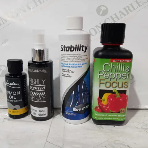 LOT OF APPROXIMATELY 10 ASSORTED HOUSEHOLD ITEMS TO INCLUDE CHILLI & PEPPER FOCUS, SEACHEM NEW TANK STABILIZATION SYSTEM, LIME BASIL & MANDARIN HIGHLY SCENTED ROOM SPRAY, ETC