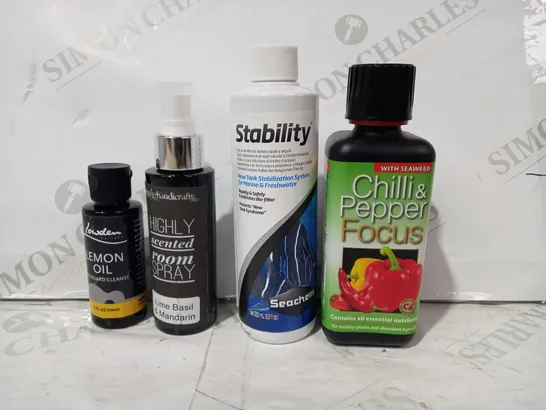 LOT OF APPROXIMATELY 10 ASSORTED HOUSEHOLD ITEMS TO INCLUDE CHILLI & PEPPER FOCUS, SEACHEM NEW TANK STABILIZATION SYSTEM, LIME BASIL & MANDARIN HIGHLY SCENTED ROOM SPRAY, ETC