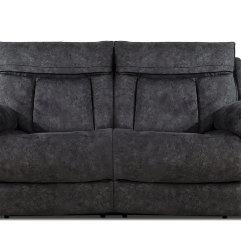 BOXED DESIGNER ORION POWER RECLINING TWO SEATER SOFA WITH POWER HEADRESTS PLUSH DARK GREY FABRIC WITH BLACK PIPING