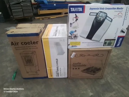 PALLET OF ASSORTED HOUSEHOLD ITEMS TO INCLUDE AIR COOLER, BODY COMPOSITION MONITOR AND AUDIO TURN TABLE