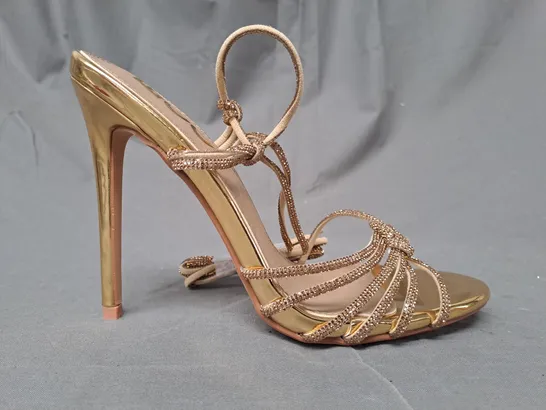 BOXED PAIR OF EGO OPEN TOE STILETTO HEEL STRAPPY SANDALS IN METALLIC GOLD UK SIZE 6