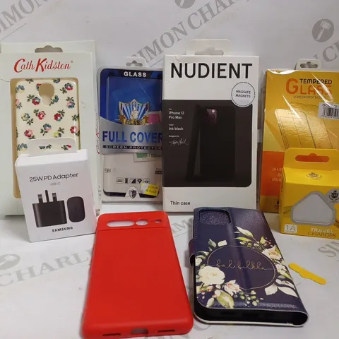 BOX OF APPROX 15 ITEMS INCLUDING ASSORTED PHONE CASES, SCREEN PROTECTORS AND TRAVEL ADAPTER