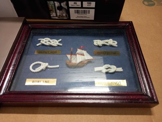 LOT OF 5 ASSORTED HOUSEHOLD ITEMS TO INCLUDE FRAMED NAUTICAL KNOT DISPLAY AND PHOTOGRAPHIC INKJET PAPER