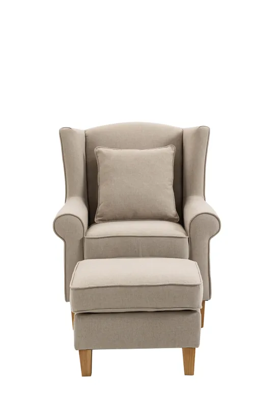 BRAND NEW BOXED ALISON AT HOME MOTCOMB WINGBACK ARMCHAIR WITH STOOL & SCATTER CUSHION - BEIGE (1 BOX)