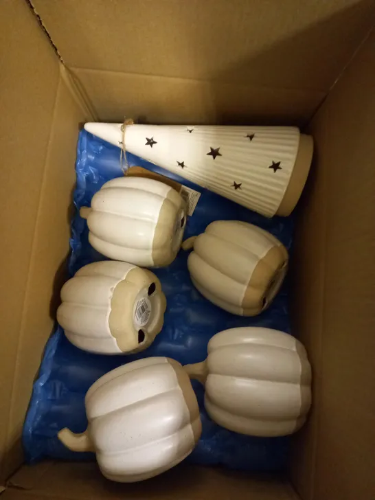 BOX OF APPROX 12 HOME DECOR ITEMS TO INCLUDE CERAMIC PUMPKINS AND LARGE LIGHT UP TREES