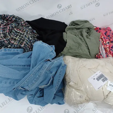 BOX OF ASSORTED CLOTHING TO INCLUDE: DRESSES, TOPS AND TROUSERS