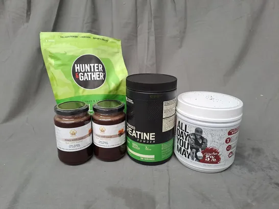 APPROXIMATELY 8 ASSORTED FOOD PRODUCTS TO INCLUDE HUNTER & GATHER COLLAGEN PEPTIDES, HONEY WITH CACAO, OPTIMUM NUTRITION MICRONIZED CREATINE POWDER