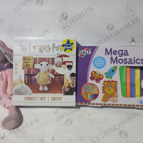 BOX OF APPROXIMATELY 10 ASSORTED TOYS AND GAMES TO INCLUDE HARRY POTTER CROCHET KIT, PINK SOFT BUNNY, GALT MEGA MOSAICS, ETC