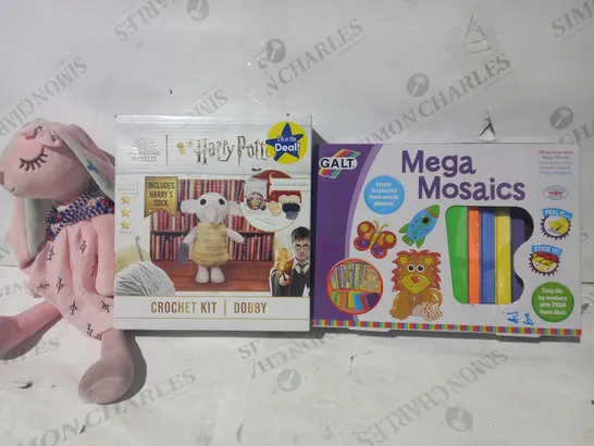 BOX OF APPROXIMATELY 10 ASSORTED TOYS AND GAMES TO INCLUDE HARRY POTTER CROCHET KIT, PINK SOFT BUNNY, GALT MEGA MOSAICS, ETC