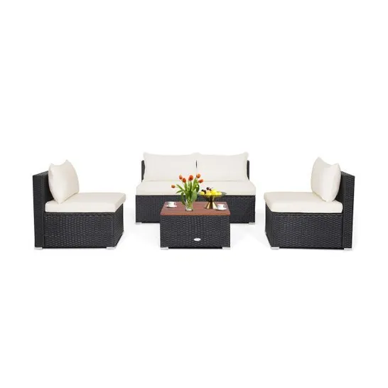 BOXED 5-PIECE OUTDOOR PATIO FURNITURE SET WITH SOLID ACACIA WOOD TABLETOP