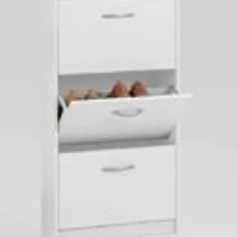 BOXED PLUM TREE SHOE CABINET/STORAGE WITH THREE SHOE COMPARTMENTS MELAMINE SURFACE PROVIDES PROTECTION AGAINST HEAT & SCRATCHES 