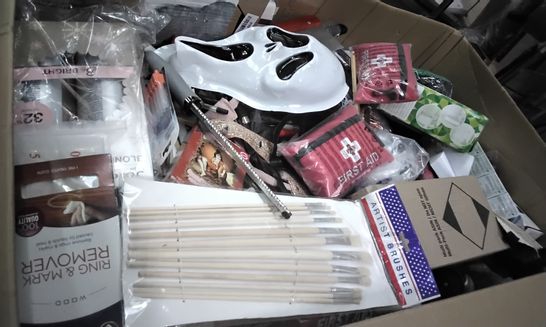 PALLET OF 4 BOXES OF ASSORTED ITEMS INCLUDING PAINT BRUSH SET, MICROPLANE BLADE, FIRST AID PACK, PURE SCENT DIFFUSER, ADJUSTABLE WRENCH