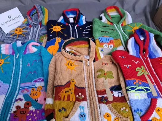 LARGE QUANTITY OF ASSORTED COLOURFUL HANDMADE CHILDRENS CARDIGANS - VARIOUS SIZES