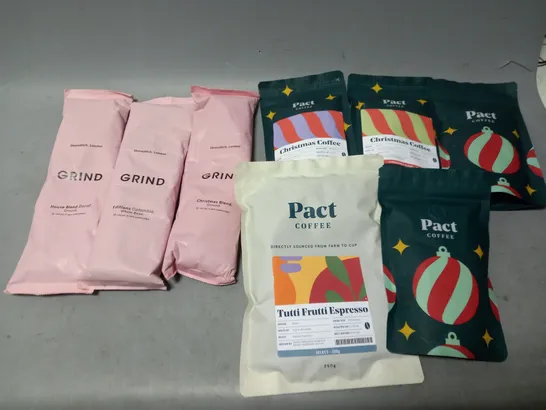 LOT OF APPROXMATELY 6 ITEMS TO INCLUDE  - PACT CHRISTMAS COFFEE, PACT TUTTI FRUTTI ESPRESSO, AND GRIND GROUND COFFEE ETC. 