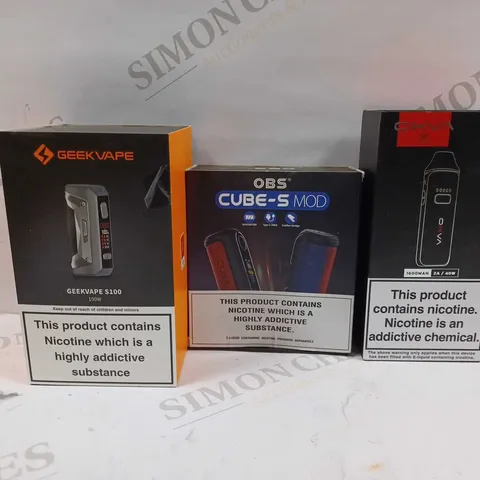 LOT OF APPROXIMATELY 25 ASSORTED E-CIGARETTES AND LIQUIDS TO INCLUDE OXVA X POD KIT, OBS CUBE-S MOD, GEEKVAPE S100, ETC