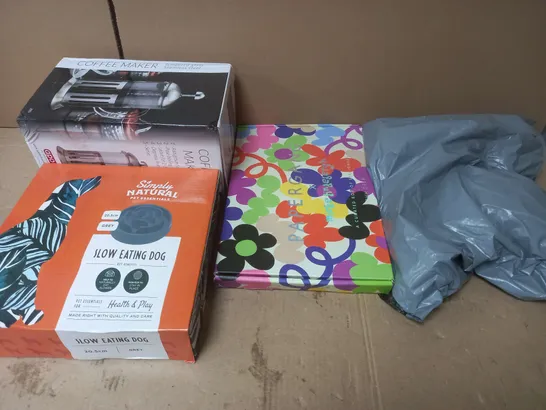 BOX OF APROXIMATELY 15 ASSORTED HOUSEHOLD ITEMS TOO INCLUDE WALLPAPER , COFFEE MAKERS , DOG BOWLS , ETC 