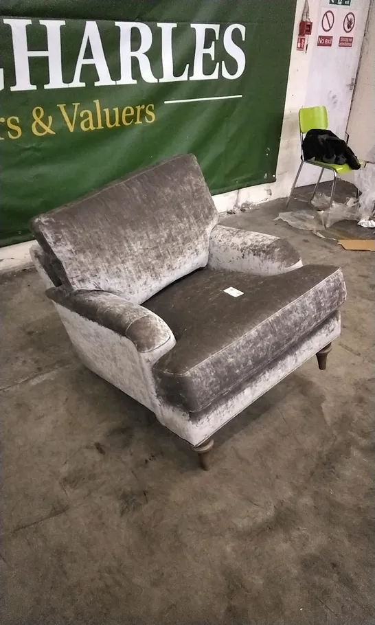 QUALITY DESIGNER LOUNGE CO ARMCHAIR IN SILVER CRUSHED VELVET