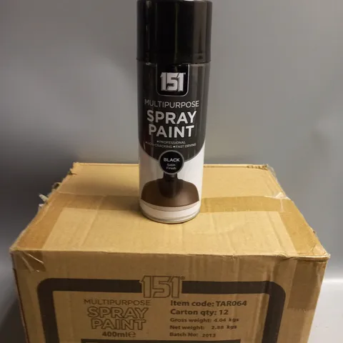 BOXED LOT OF 12 151 MULTIPURPOSE SPRAY PAINT BLACK SATIN FINISH 400ML