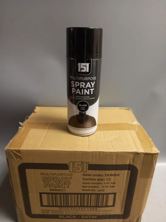 BOXED LOT OF 12 151 MULTIPURPOSE SPRAY PAINT BLACK SATIN FINISH 400ML