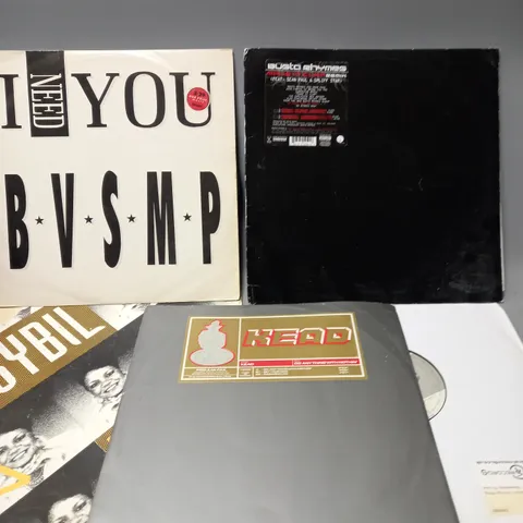 10 ASSORTED VINYL RECORDS TO INCLUDE I NEED YOU BVSMP, BUSTA RHYMES MAKE IT CLAP REMIX, KEAD DO ANYTHING WITH NOTHIN', ETC