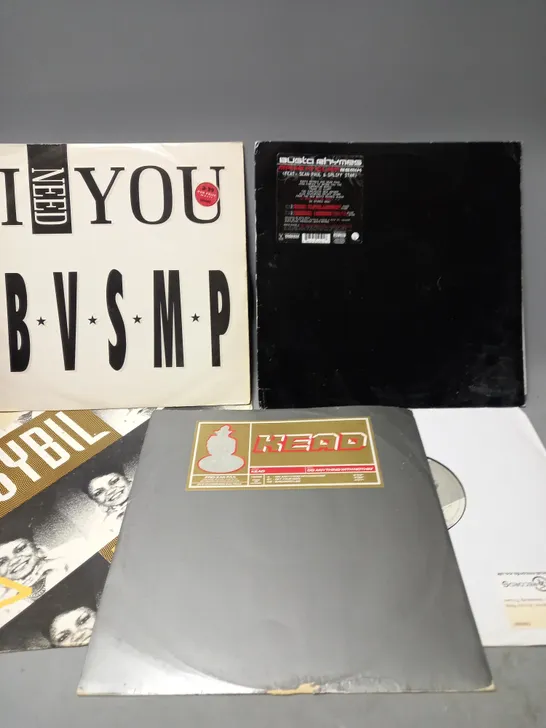 10 ASSORTED VINYL RECORDS TO INCLUDE I NEED YOU BVSMP, BUSTA RHYMES MAKE IT CLAP REMIX, KEAD DO ANYTHING WITH NOTHIN', ETC