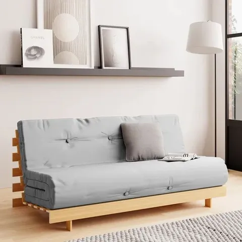 BOXED  MITO DOUBLE FUTON IN LIGHT GREY WITH WOODEN FRAME 