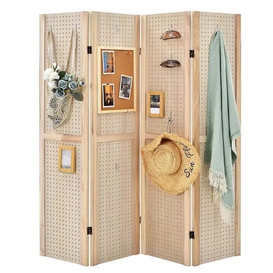 BOXED COSTWAY 4-PANEL PEGBOARD DISPLAY 5' TALL FOLDING PRIVACY SCREEN CRAFT DISPLAY NATURAL