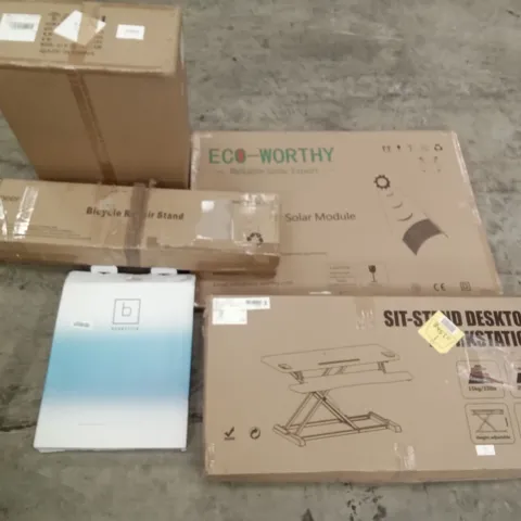 PALLET OF ASSORTED ITEMS INCLUDING SIT-STAND DESKTOP, BICYCLE REPAIR STAND, BENKSTEIN TOILET SEAT, ECO-WORTHY ENERGY SOLAR MODULE, GAMING MOUSE PAD