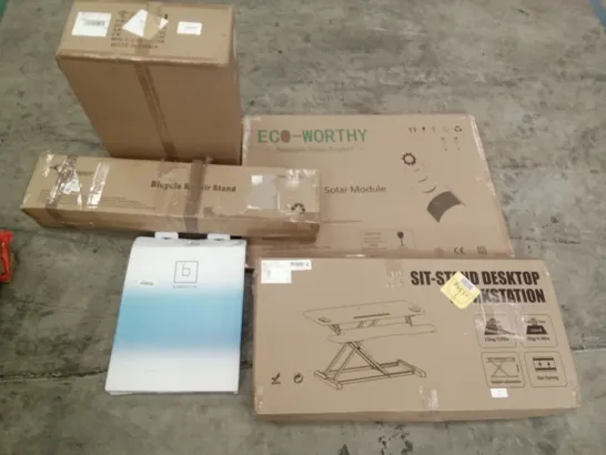 PALLET OF ASSORTED ITEMS INCLUDING SIT-STAND DESKTOP, BICYCLE REPAIR STAND, BENKSTEIN TOILET SEAT, ECO-WORTHY ENERGY SOLAR MODULE, GAMING MOUSE PAD