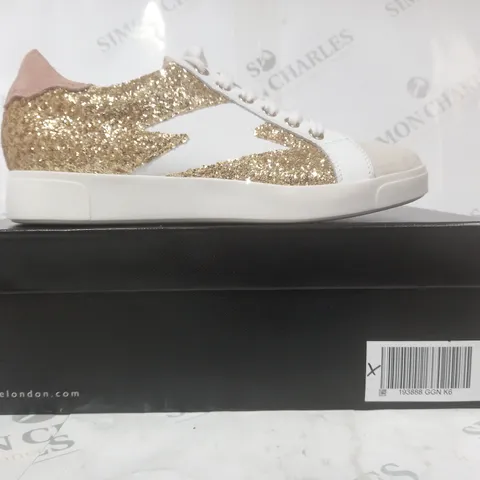 BOXED PAIR OF DUNE LONDON ENERGISED LIGHTNING BOLT TRAINERS IN GOLD/WHITE/PINK SIZE 6
