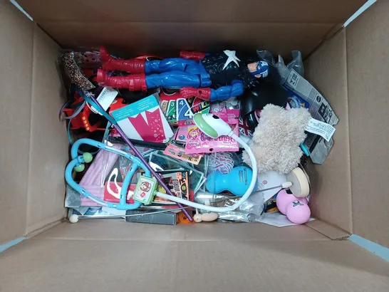 BOX OF APPROX 28 ITEMS TO INCLUDE - CAPTAIN AMERICA FIGURE - UNO CARD GAME  - BARBIE SNOWBOARDING ECT