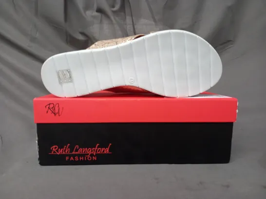 BOXED PAIR OF RUTH LANGSFORD FLAT SANDALS IN METALLIC CHAMPAGNE GOLD SIZE 8