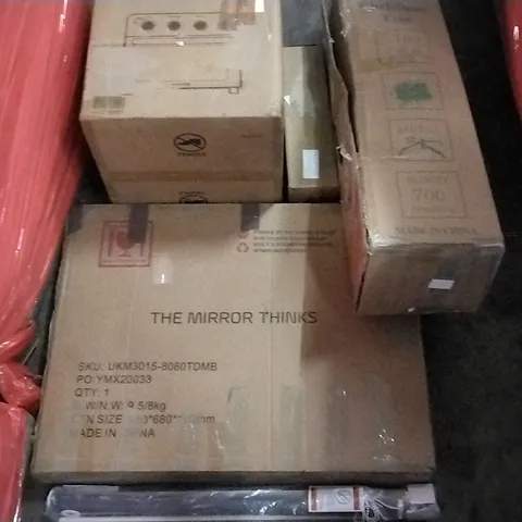 PALLET OF ASSORTED ITEMS INCLUDING CHRISTMAS TREE, AICOOK AIR FRYER OVEN, THE MIRROR THINKS, TIMBER RIDGE CAMPING WAGON, BLINDS