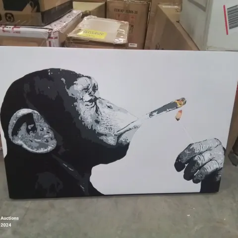 WOOD BACKED CANVAS MONKEY SMOKING