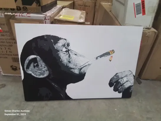 WOOD BACKED CANVAS MONKEY SMOKING