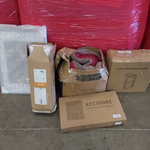 PALLET OF ASSORTED ITEMS INCLUDING: FABRIC WARDROBE, BABY TOILET, BEDDING, DOG BED, PICTURE FRAME