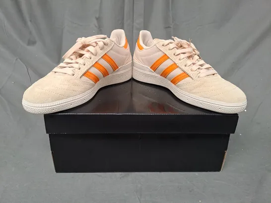 BOXED PAIR OF ADIDAS BUSENITZ SHOES IN SAND/ORANGE UK SIZE 6