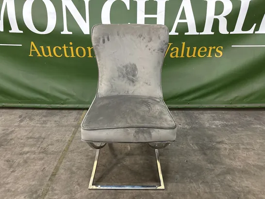 DESIGNER GREY VELVET CHAIR WITH CHROME METAL LEGS