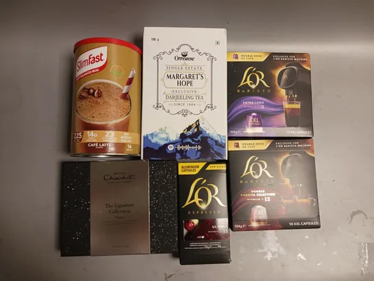 LOT OF APPROX 8 ASSORTED FOOD & DRING ITEMS TO INCLUDE - SLIMFAST MEAL REPLACEMENT IN CAFFE LATTER - SINGLE ESTATE DARJEELING TEA - HOTEL CHOCOLAT SIGNATURE COLLECTION