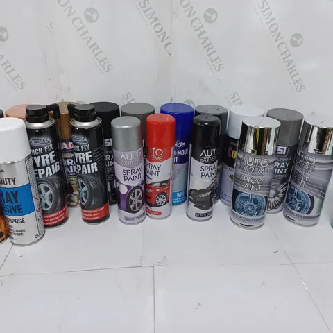 APPROXIMATELY 19 ASSORTED AEROSOLS TO INCLUDE CAR PRIDE TYRE REPAIR (300ml), RAPIDE ANTI-MOULD PAINT WHITE (400ml), FADS PROFESSIONAL SPRAY PAINT GOLD METALLIC FINISH (400ml) - COLLECTION ONLY