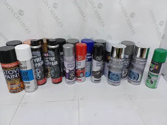 APPROXIMATELY 19 ASSORTED AEROSOLS TO INCLUDE CAR PRIDE TYRE REPAIR (300ml), RAPIDE ANTI-MOULD PAINT WHITE (400ml), FADS PROFESSIONAL SPRAY PAINT GOLD METALLIC FINISH (400ml) - COLLECTION ONLY