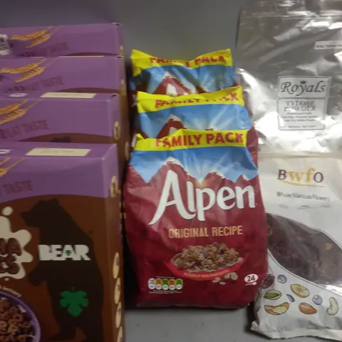 LOT OF 10 ASSORTED FOOD ITEMS TO INCLUDE ALPHA BITES, ALPEN WHOLE HIBISCUS FLOWERS AND 6 5-PACKS OF SKINNY BARS