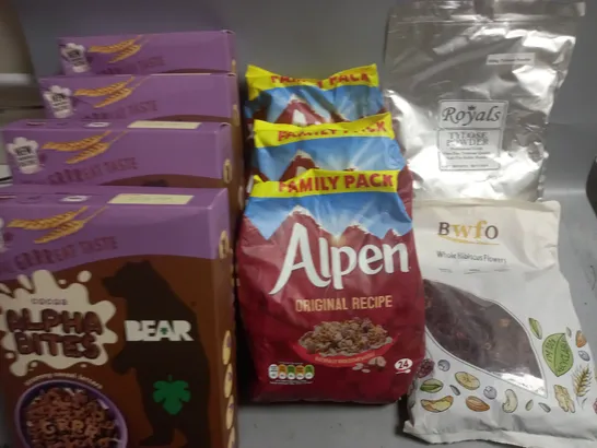 LOT OF 10 ASSORTED FOOD ITEMS TO INCLUDE ALPHA BITES, ALPEN WHOLE HIBISCUS FLOWERS AND 6 5-PACKS OF SKINNY BARS