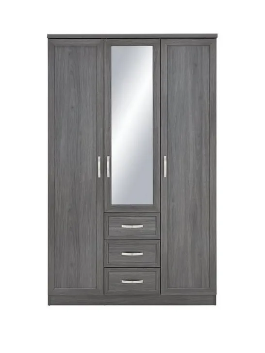 BOXED GRADE 1 CAMBERLEY 3-DOOR 3-DRAWER MIRRORED WARDROBE - DARK OAK-EFFECT (2 OF 2 BOXES)