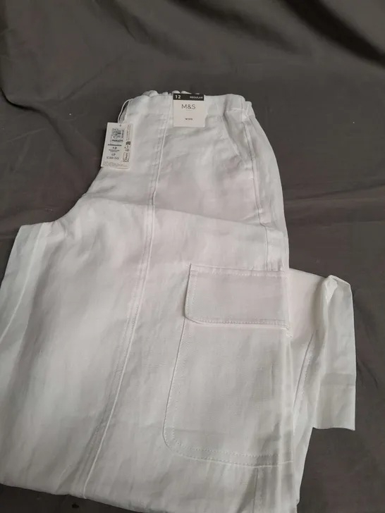 M&S WHITE WIDE LEG EASY IRON LINEN - SIZE 12